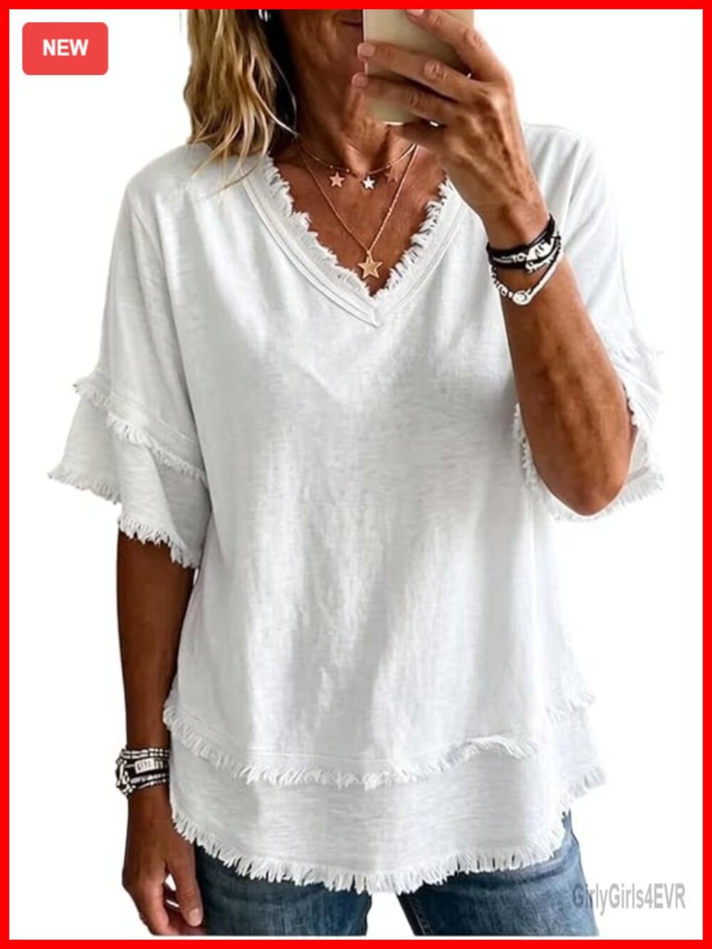 Linen Cotton Boho Fringe Short Sleeve V-Neck T-Shirt Summer Casual Top
